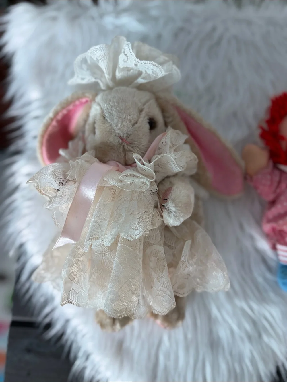 Vintage Plush Bunny in Ivory Lace Dress & Pink Rag Doll Pair - Soft Kids Toys